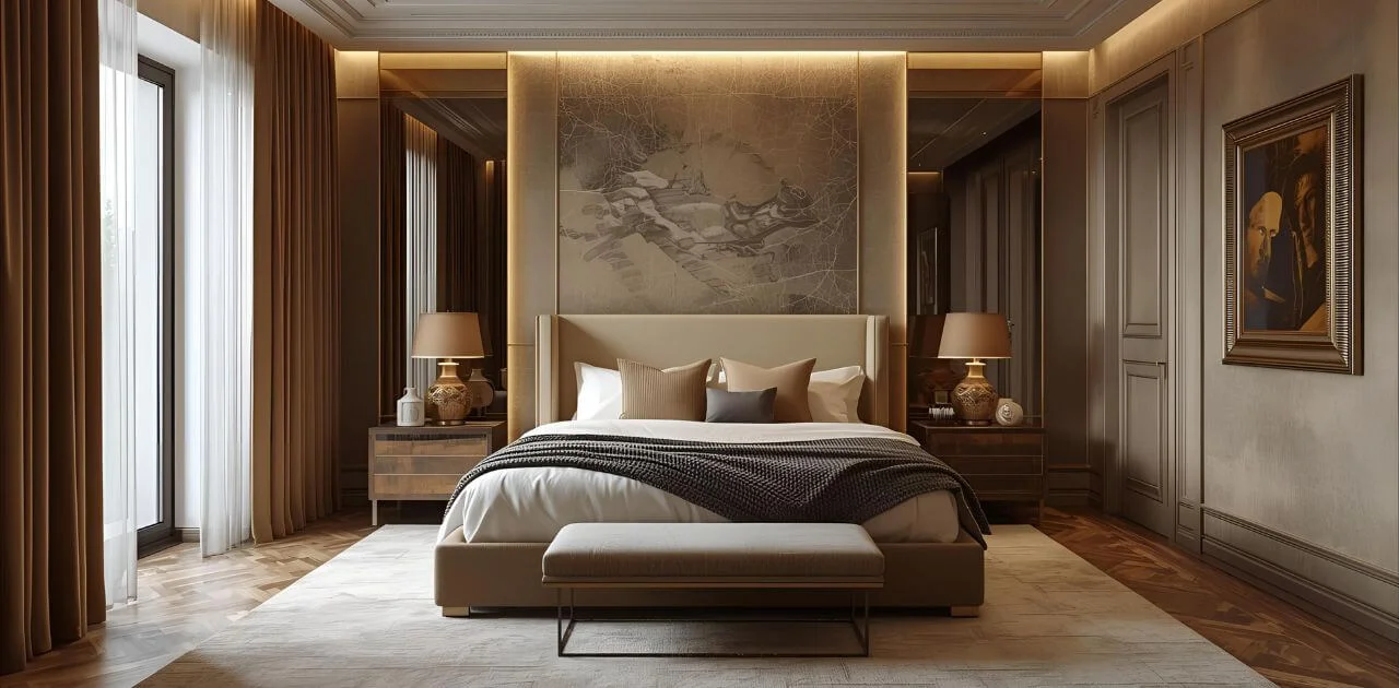 Soft luxury velvet curtains in a master bedroom with warm lighting, rich fabric texture, and elegant window styling.