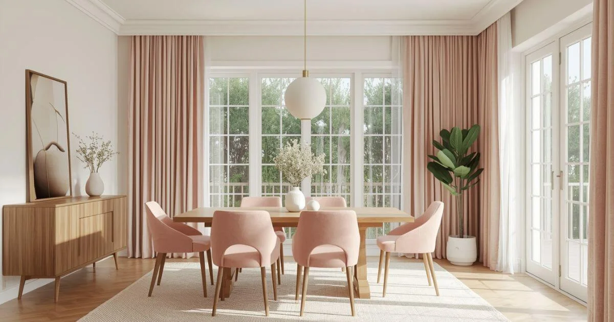 Dining room showing fabric dining chairs and neutral curtains styled together for a balanced and cohesive interior look.