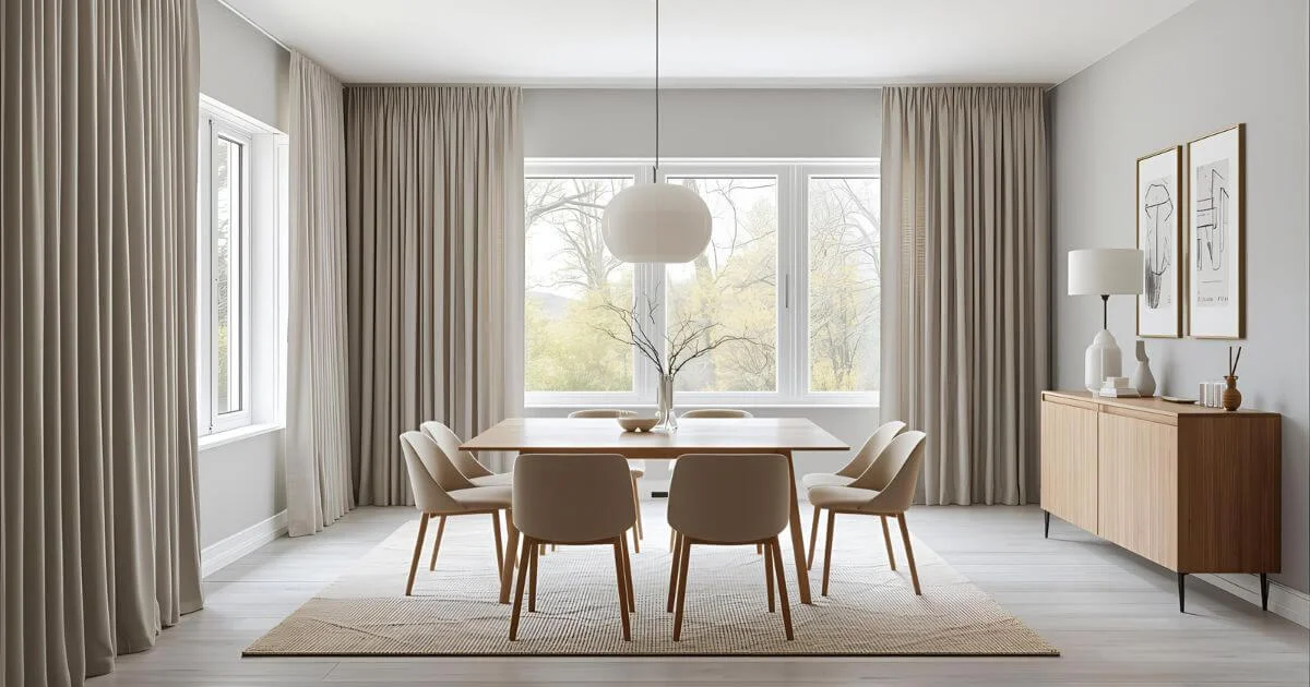 “Modern dining room featuring floor-length greige linen curtains, wooden table, and minimalist décor.”