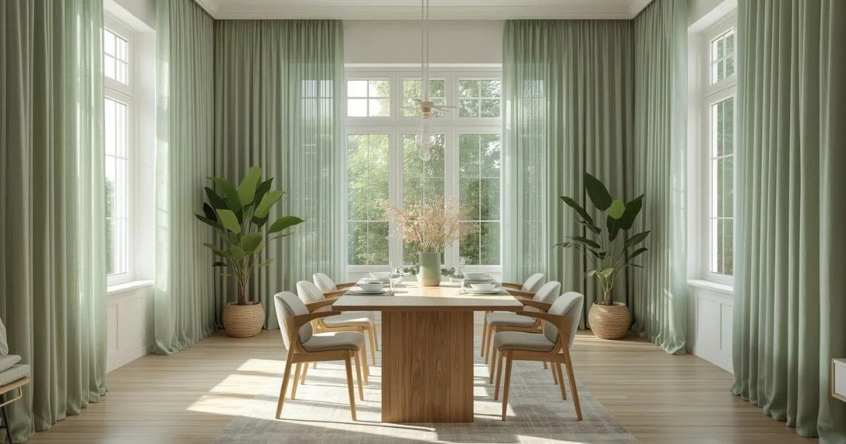 Modern dining room with beige linen curtains and wooden table”
