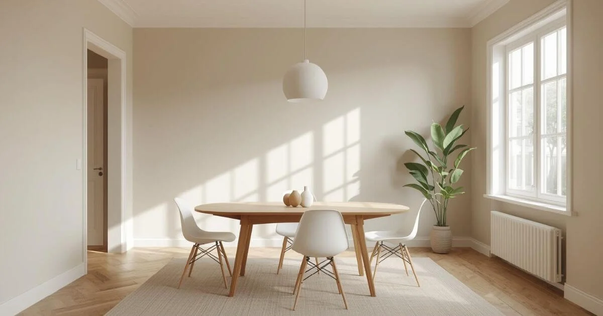 "Neutral dining room appearing flat and lifeless with beige walls and minimal decor"