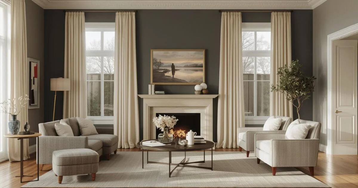 beige curtains hanging on grey wall