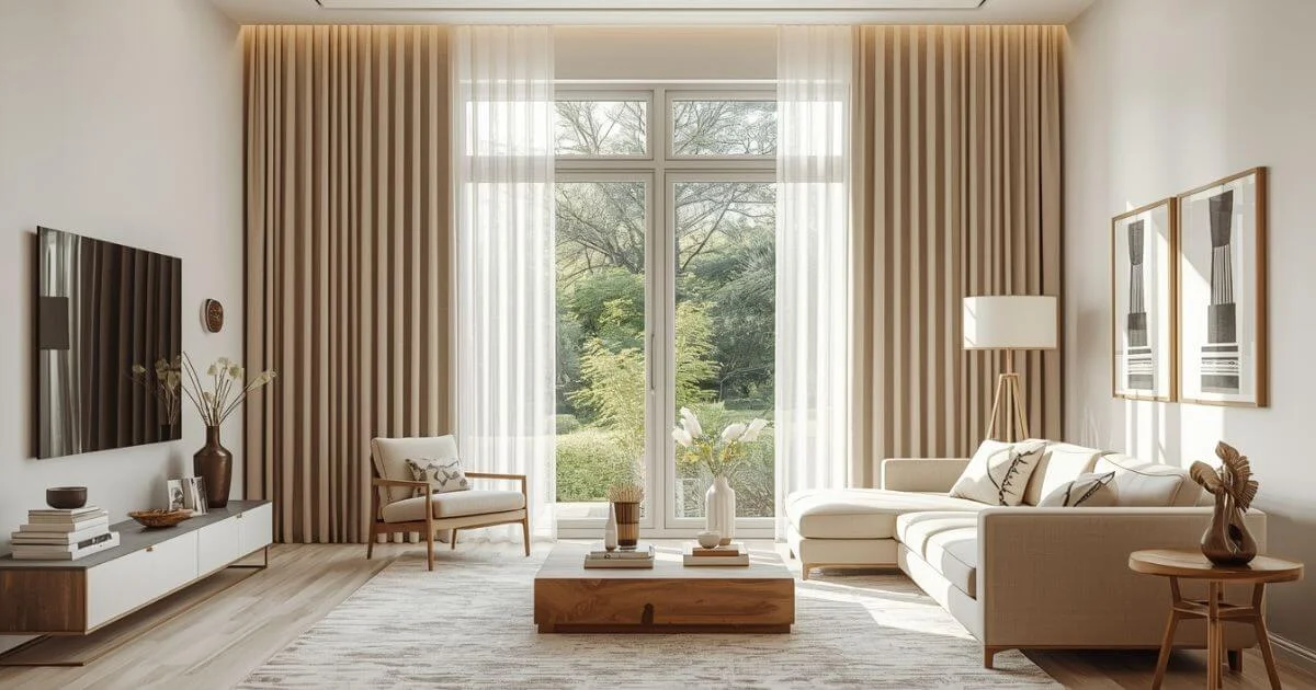 Back tab curtains hanging neatly in a modern living room