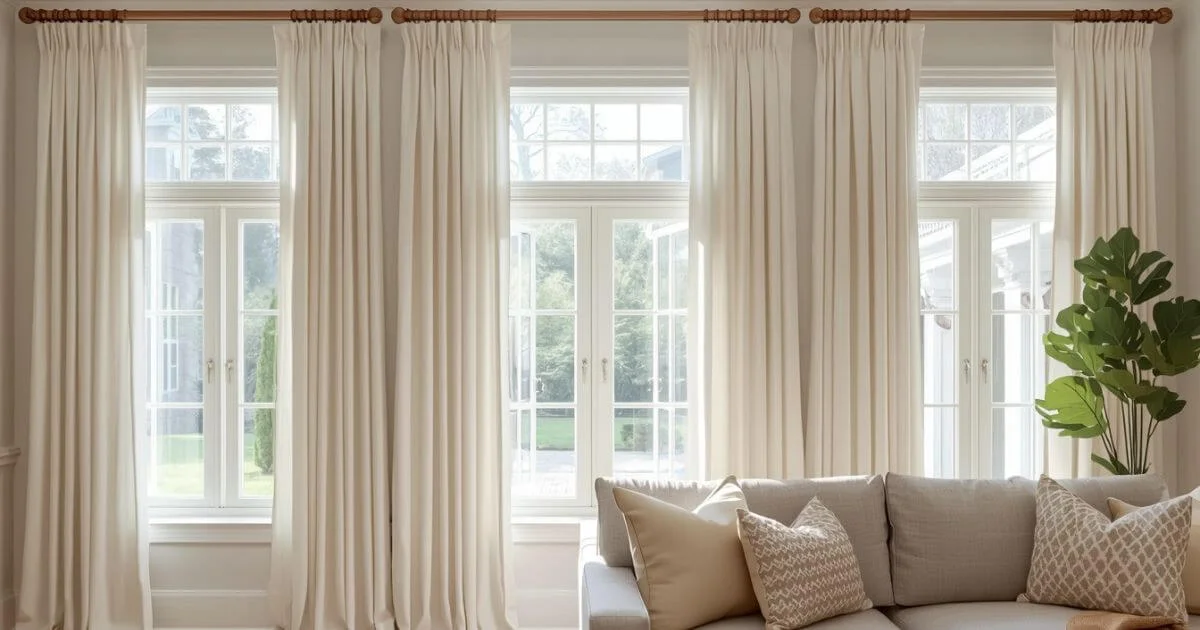Rod pocket curtains hanging neatly in a living room with hidden curtain rod