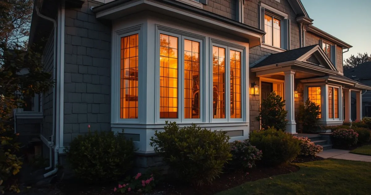 Elegant angled bay window on a home exterior glowing with warm sunset light