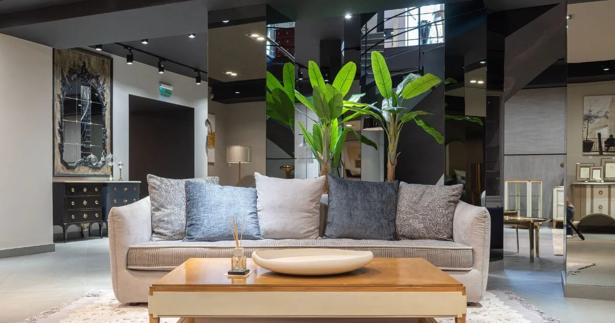 Elegant living room with grey sofa, layered cushions, tall banana leaf plants, and mirrored wall panels reflecting a spiral staircase