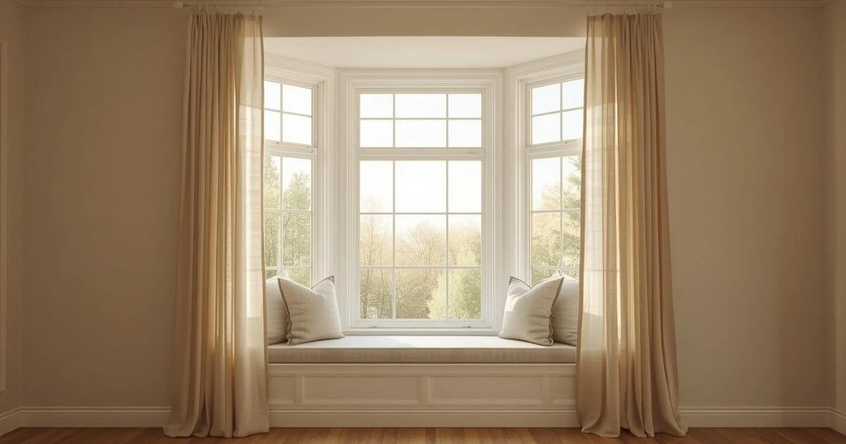 How to hang curtains in a bay window with a curved rod and linen panels
